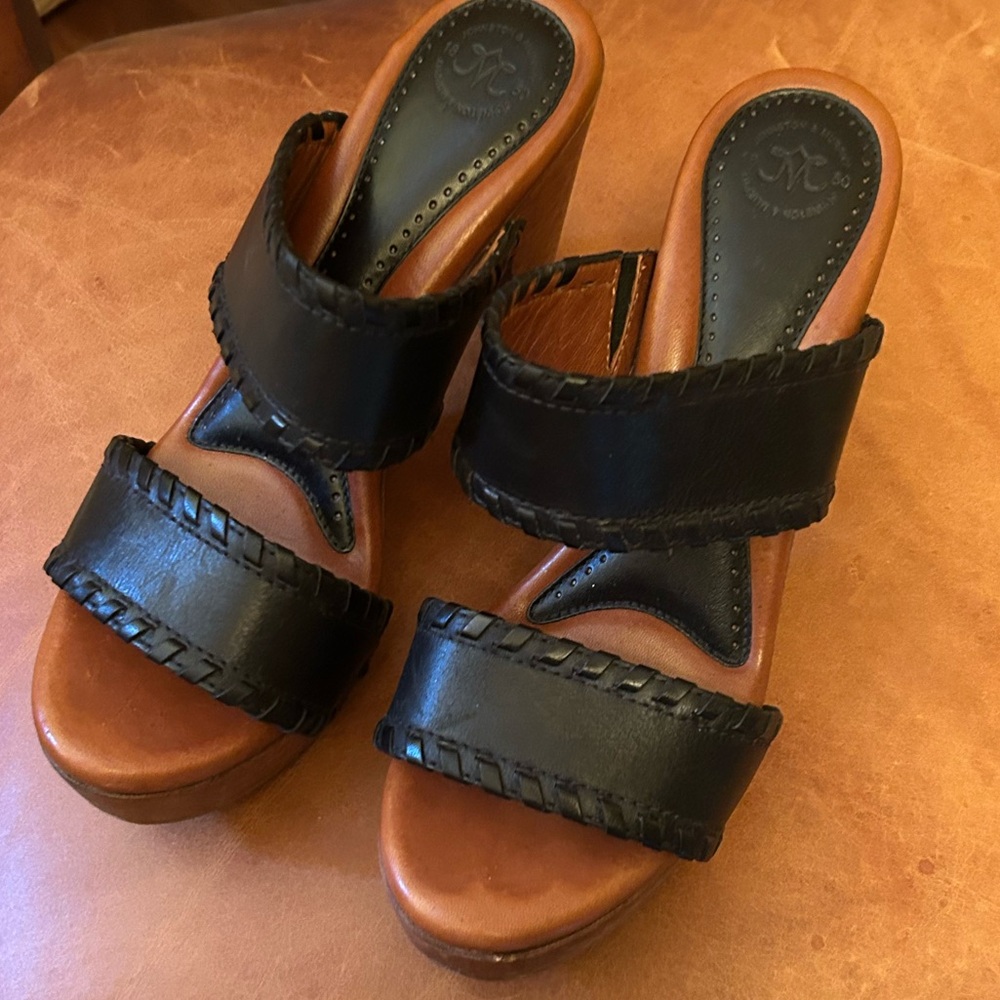 Stylish Black Leather Wedge Sandals